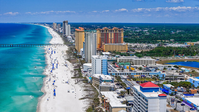 Aerial landscape of white sand beach resort on summer day in Panama City Beach Florida panhandle