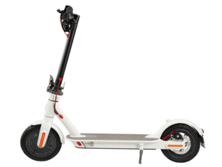 A white electric scooter, angled left, against a black backdrop; modern, sleek design, ready to ride