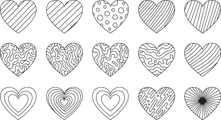 Collection of fifteen hand-drawn heart shapes with various patterns hearts love