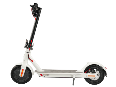 A white electric scooter, angled left, against a black backdrop; modern, sleek design, ready to ride