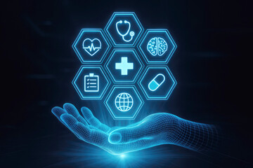 Wireframe hand holding a cluster of glowing blue healthcare and medical icons in hexagons Technology
