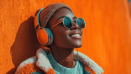 Stylish African Woman With Headphones Enjoys Music Outdoors In A Vibrant Orange Setting While Sporting Sunglasses. Fashionable And Happy.