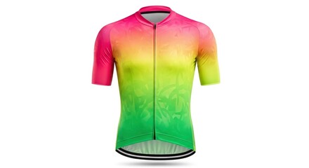 A vibrant short-sleeved athletic jersey with a pink yellow and green gradient It features a subtle textured pattern and a front zipper displayed on a white background