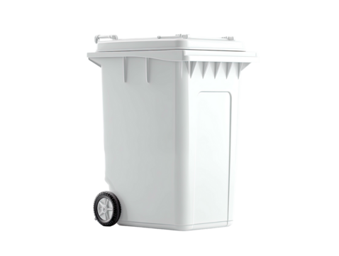 A clean, white waste receptacle with lid and small wheels, rendered against a transparent backdrop