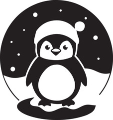 Cute cartoon penguin wearing a santa hat in a snowy winter scene