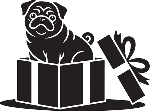 Cute Pug in Gift Box Silhouette – Black & White Vector Design for Pet Lover Gifts, T-Shirts, Cards & Merch. - Powered by Adobe