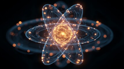 Dynamic atomic model with glowing nucleus and orbiting electrons, representing scientific discovery and technological advancement