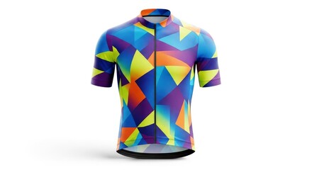A vibrant short-sleeved athletic shirt featuring a geometric pattern of blue purple yellow and orange shapes with a black front zipper and high collar