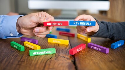 Hands holding objective and key result blocks with other blocks