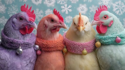 Four colorful chickens wearing knitted scarves. The chickens are in pastel colors: purple, pink, orange, and white. They have distinct combs and are set against a snowy background.