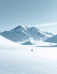 Minimalist photograph of an endless white snow mountain plain, no human presence