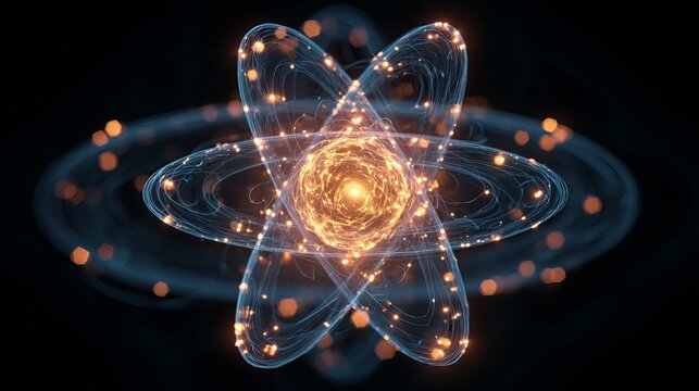 Dynamic atomic model with glowing nucleus and orbiting electrons, representing scientific discovery and technological advancement