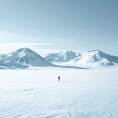 Minimalist photograph of an endless white snow mountain plain, no human presence