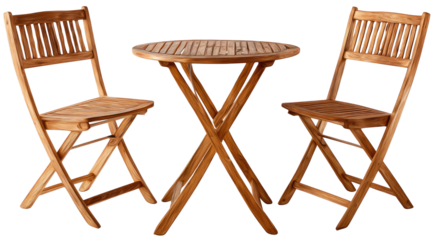 Wooden outdoor bistro set, featuring a round table and two matching foldable chairs