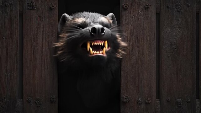 Wolverine Growling Aggressively, Peeking Through Wooden Doorway