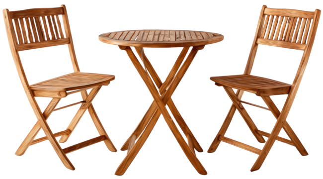 Wooden outdoor bistro set, featuring a round table and two matching foldable chairs