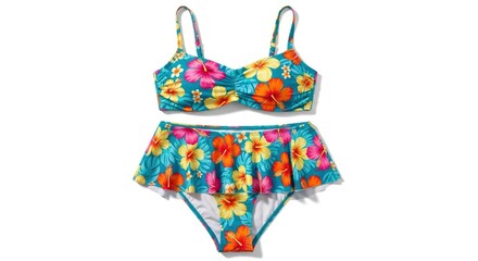 A vibrant two-piece swimsuit featuring a tropical floral pattern with pink orange and yellow hibiscus flowers on a blue background displayed against a white backdrop