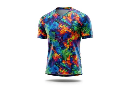 A vibrant short-sleeved V-neck t-shirt features an abstract pattern of blue green orange and purple hues with geometric lines and paint splatters
