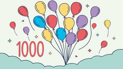 Celebrate a milestone with colorful balloons floating above the clouds marking 1000, perfect for announcements, parties, achievements, and special occasions