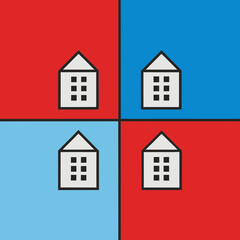 Fototapeta premium Minimalist flat vector icon of four houses divided into quadrants with red and blue background squares