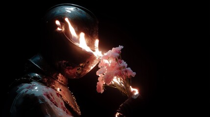 Burning knight helmet with glowing flames, holding delicate pink flowers in darkness symbolizing contrasts of war and peace.