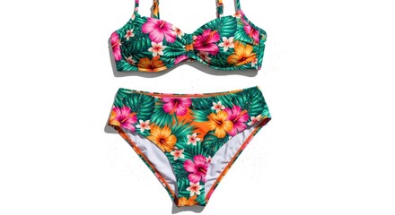 A vibrant two-piece swimsuit with a tropical pattern of pink orange and yellow hibiscus flowers and green palm leaves laid flat on a white surface