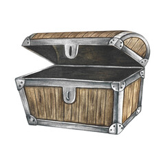 An empty open chest. Hand-drawn watercolor illustrations. Color image. Isolate. For decorating children s games and holidays. For stickers, invitation cards, posters and banners, packaging and more.