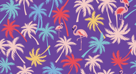 Seamless pattern with colorful palm trees and flamingos on a purple background.
