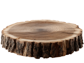 Isolated cross-section of a tree trunk, revealing detailed growth rings, bark, and woody texture against black
