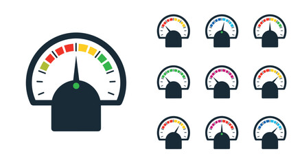 A collection of colorful gauge and speedometer icons representing various levels of performance, speed, or measurement in a modern flat design style.