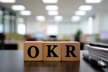 OKR wooden blocks on a desk in an office letters