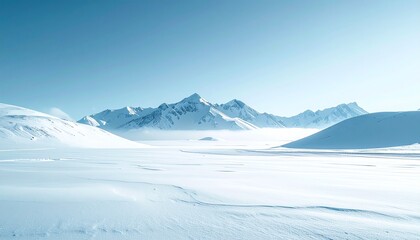 Minimalist photograph of an endless white snow mountain plain, no human presence