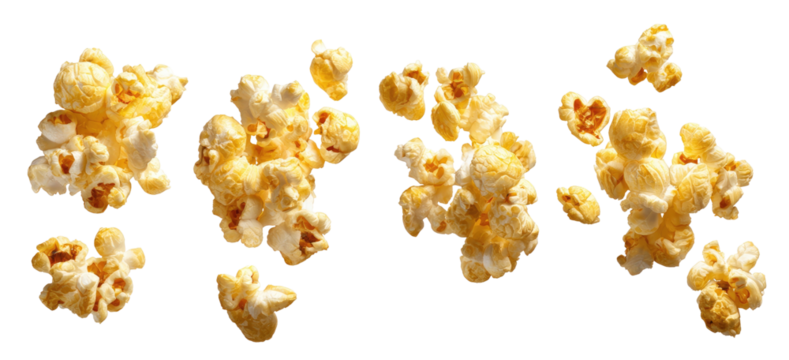 Close-up of several clusters of popcorn kernels against a black background, in a photo studio