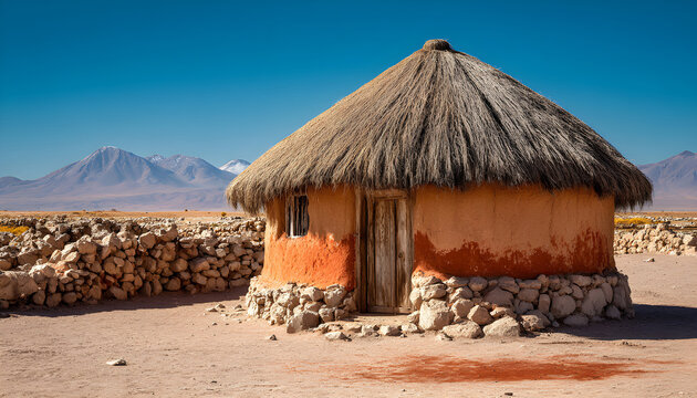 Old stone hut stands in desert landscape. A red color on door indicates biblical event. Image represents Exodus story about Moses.