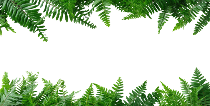 Frame of lush, green fern fronds borders black space for text or imagery. Leaves frame void
