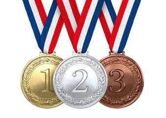 Three medals hanging from patriotic ribbons, illustrating achievement and competition