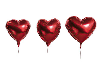 Three vibrant red heart-shaped balloons against a stark black backdrop, slightly inflated