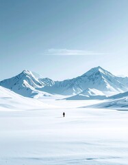 Minimalist photograph of an endless white snow mountain plain, no human presence