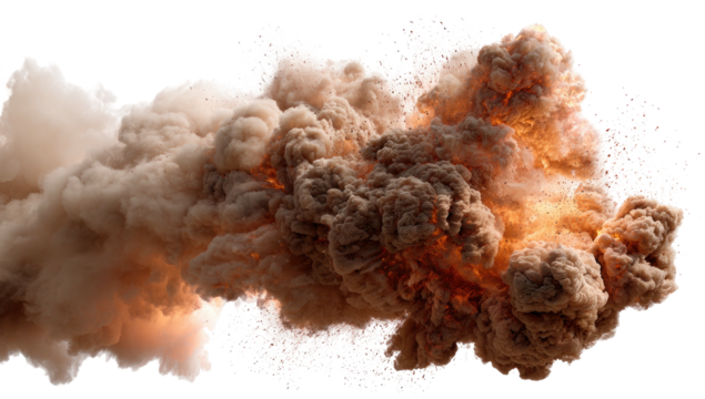 A large cloud of tan, orange and gray smoke from an explosion on a black background