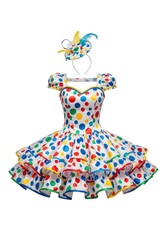 A white dress featuring multicolored polka dots puff sleeves and a full tiered skirt with ruffle details and colored trims A matching polka-dot headband with feathers is included