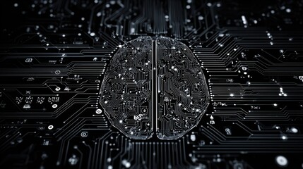 A digital representation of a brain overlaid on a circuit board, symbolizing artificial intelligence and neural networks.