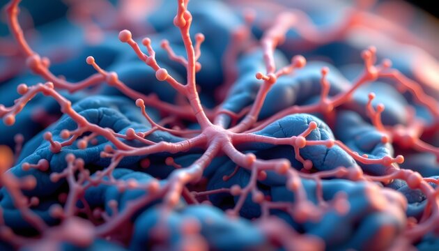 Detailed Closeup of Intricate Neuron Structure with Colorful Branching Patterns Under Microscope