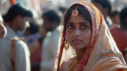 A woman wearing a distinctive red and gold headpiece, perfect for costumes or cultural events