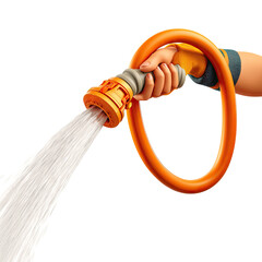 Cartoon hand holds a water hose, spraying a stream of water. Isolated on a black background