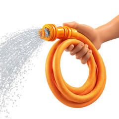 A hand holds an orange hose spraying water with a dark backdrop