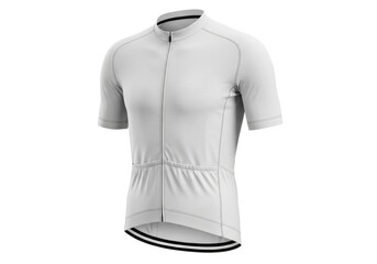 A white short-sleeved athletic jersey with a full zipper stand-up collar three rear pockets ribbed texture and striped hem displayed on a white background