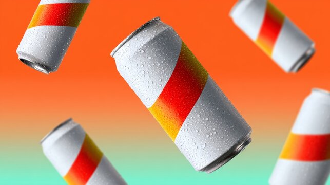 Vibrant beverage cans with condensation, featuring bold orange and yellow stripes, suspended against a colorful gradient background, creating a dynamic and refreshing visual experience for marketing p