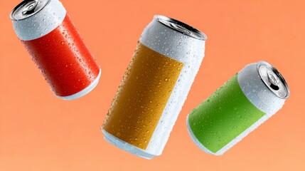 Three colorful beverage cans in vibrant hues of red, yellow, and green, glistening with droplets of water, suspended against a bright orange background, showcasing refreshing drink options for summer