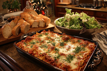 Warm cheesy lasagna fresh baked with crusty bread and vibrant green salad a perfect festive holiday meal for family gatherings