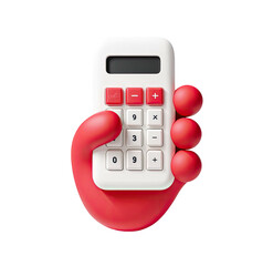 A colorful, cartoon hand holds a white calculator with red buttons on a black background